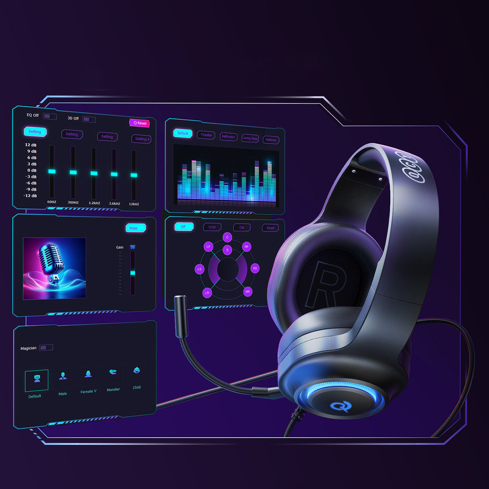 QCY V200 Pro Wired Gaming Headphones with 7.1 Sound and Detachable Microphone - Black