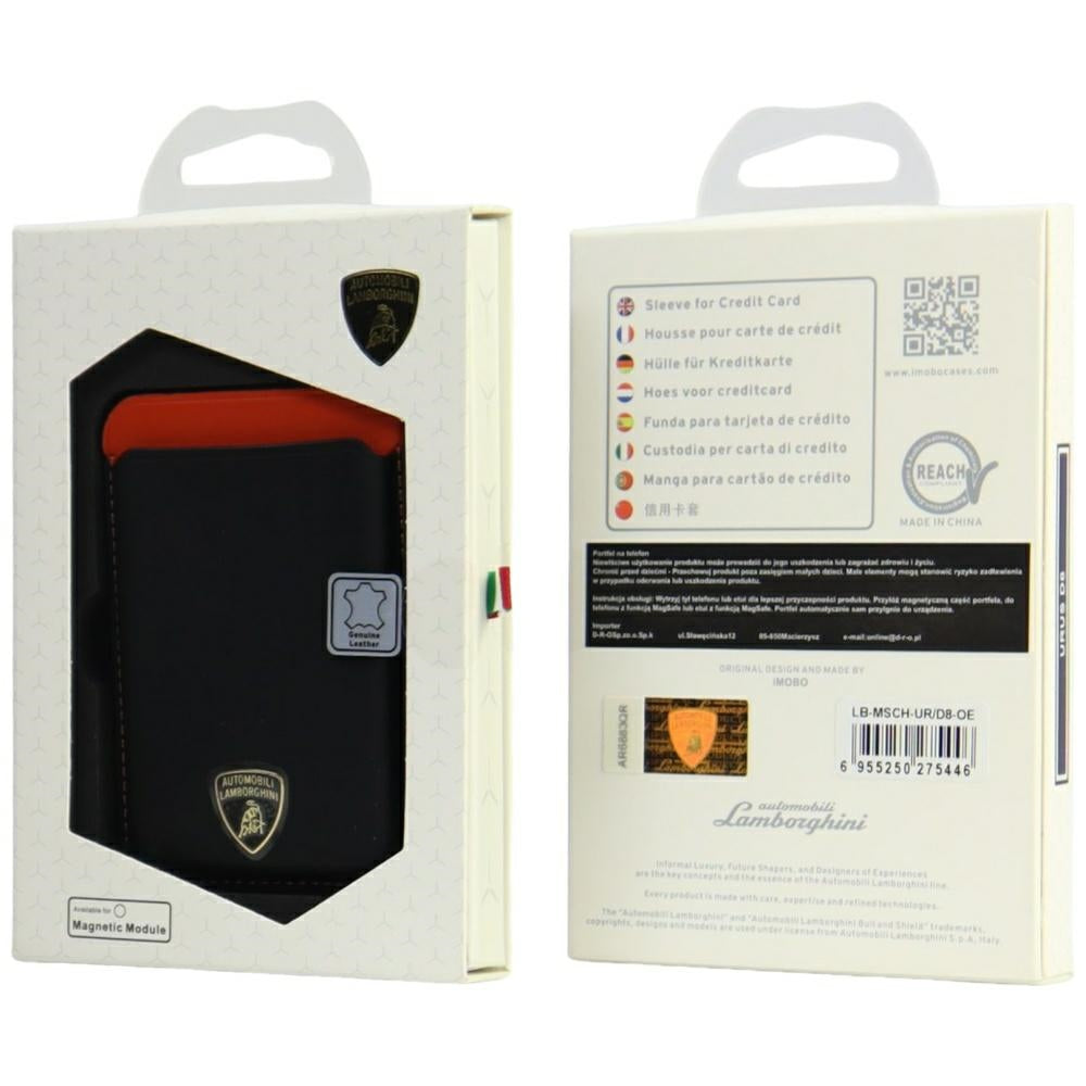 Lamborghini Urus D8 Genuine Leather MagSafe Magnetic Phone Wallet - sort og rød