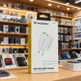 Wozinsky WLS-20W 20W USB-A USB-C Wall Charger med 1m USB-C - USB-C-kabel - hvid