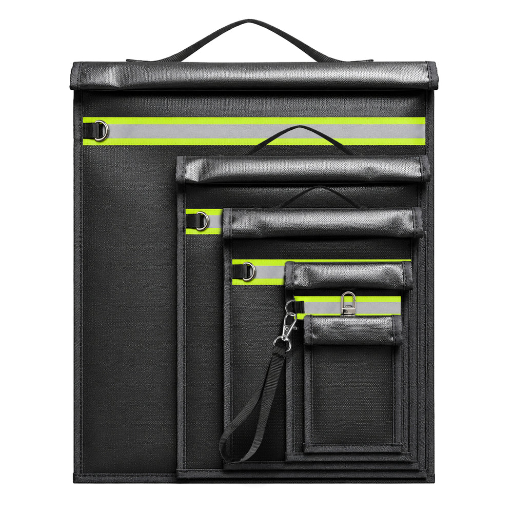 Set of 5 Fireproof RFID Blocking Bags OTN-5R with Handle and Reflector - Black