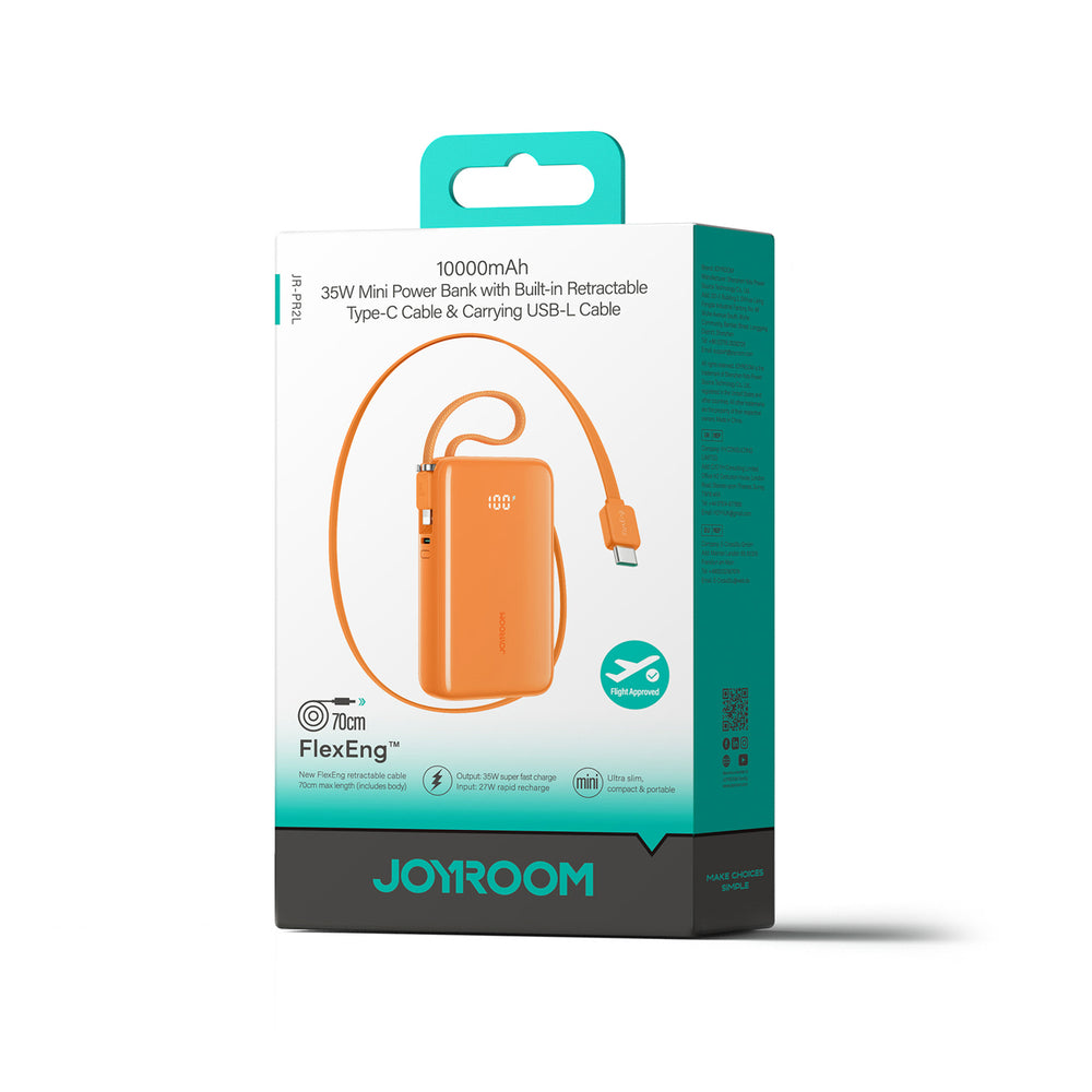 Joyroom JR-PR2 35W 10000mAh Powerbank with Built-in USB-C and Lightning Cables - Orange
