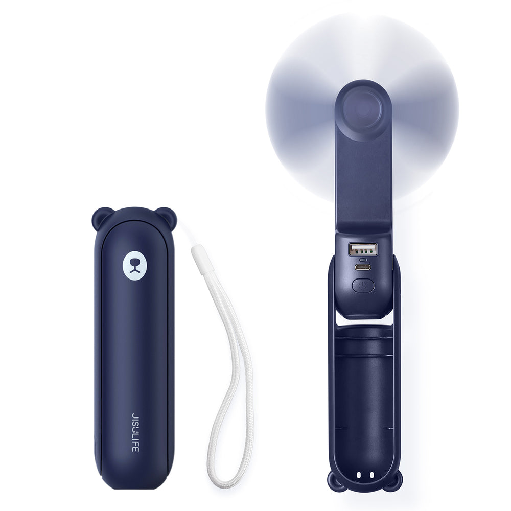 Jisulife håndholdt ventilator Life8 Mini bærbar USB-ventilator med Power Bank-funktion 2000mAh og lommelygte - blå