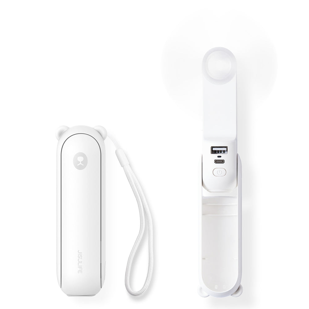 Jisulife håndholdt ventilator Life8 Mini bærbar USB-ventilator med 2000mAh Power Bank og lommelygte - hvid
