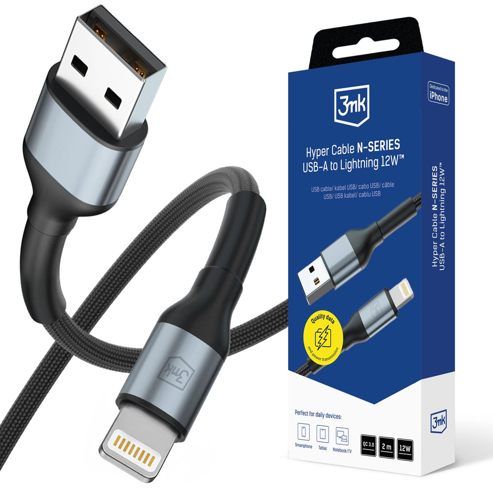3mk Hyper Cable N-SERIES USB-A / Lightning 2m QC 3.0 5V/2.4A 12W - sort