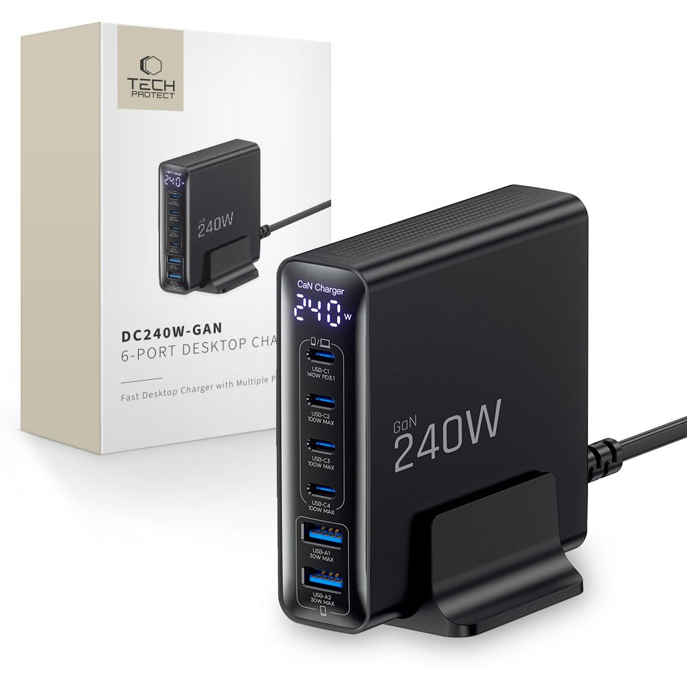 Tech-Protect DC240W-GaN opladningsstation 6 porte 4 x USB-C 2 x USB-A 240W QC3.0 - sort