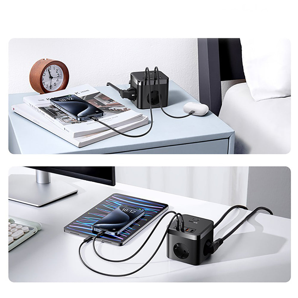 Baseus PowerCombo Cube 30W Power Strip 3xAC 2xUSB-A 2xUSB-C 1.5m - sort