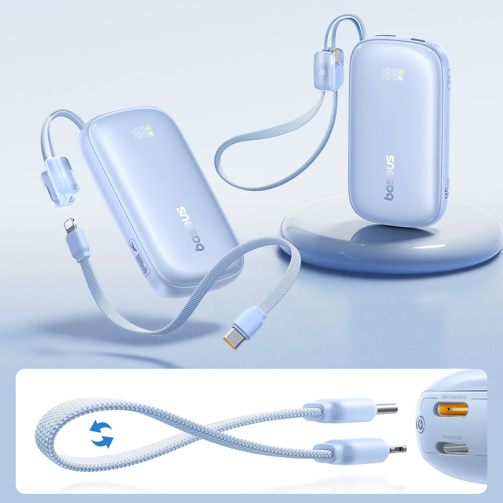 Baseus EnerFill FC21 Qpow 3 Ultra 10000mAh 45W Power Bank with Detachable USB-C/ Lightning Cable - Blue