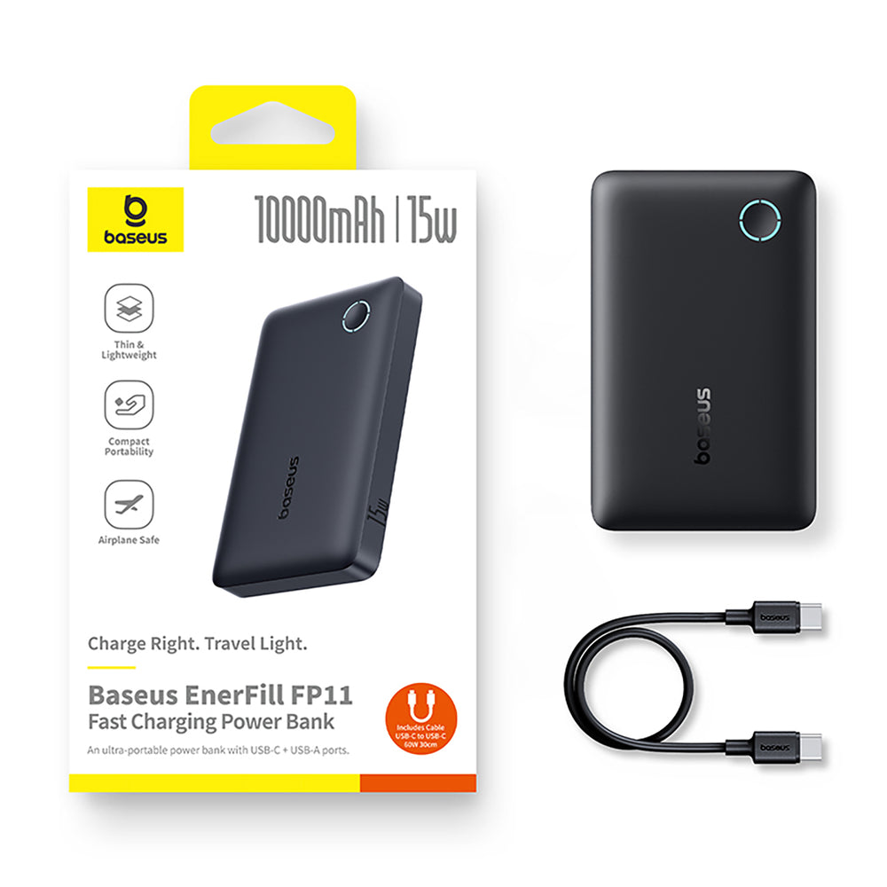 Baseus EnerFill FP11 Power Bank 10000mAh 15W (with black Simple USB-C - USB-C 20V/3A 30cm cable) - black