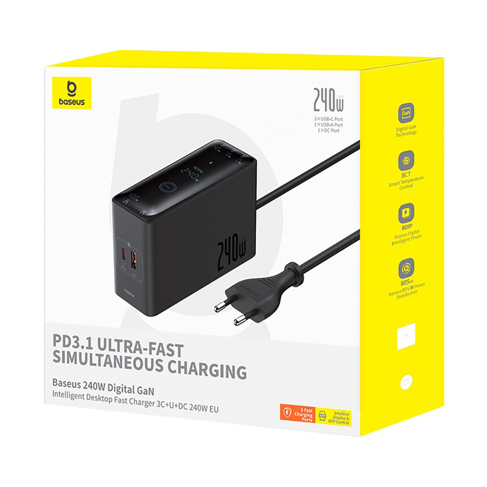 Baseus Digital GaN 3xUSB-C 1xUSB-A 240W Wall Charger with Power Cable - Black