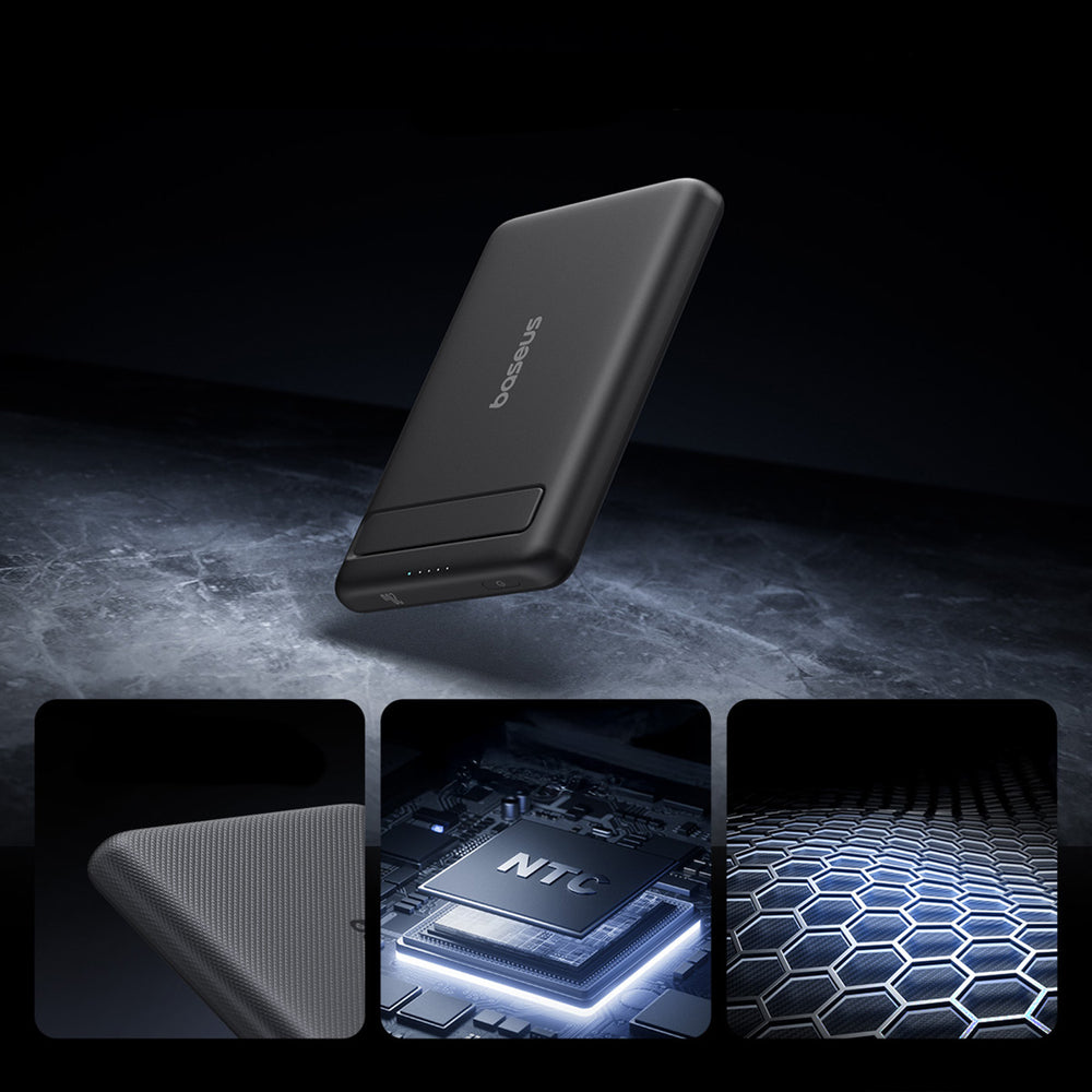 Baseus PicoGo AM31 Qi2 5000mAh 20W MagSafe Compatible Power Bank with Stand (with Black Simple Braided USB-C - USB-C 30cm Cable) - Black