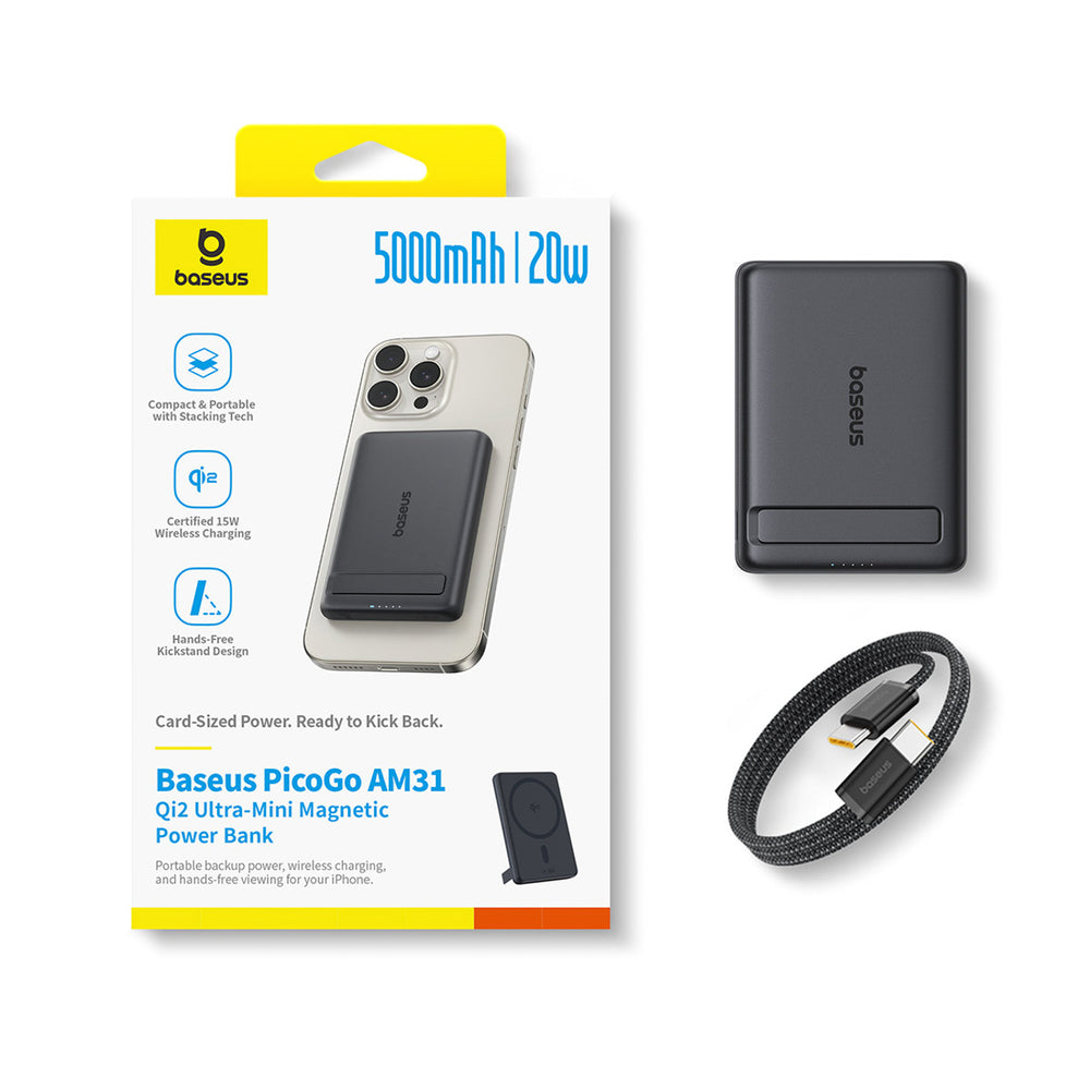 Baseus PicoGo AM31 Qi2 5000mAh 20W MagSafe Compatible Power Bank with Stand (with Black Simple Braided USB-C - USB-C 30cm Cable) - Black