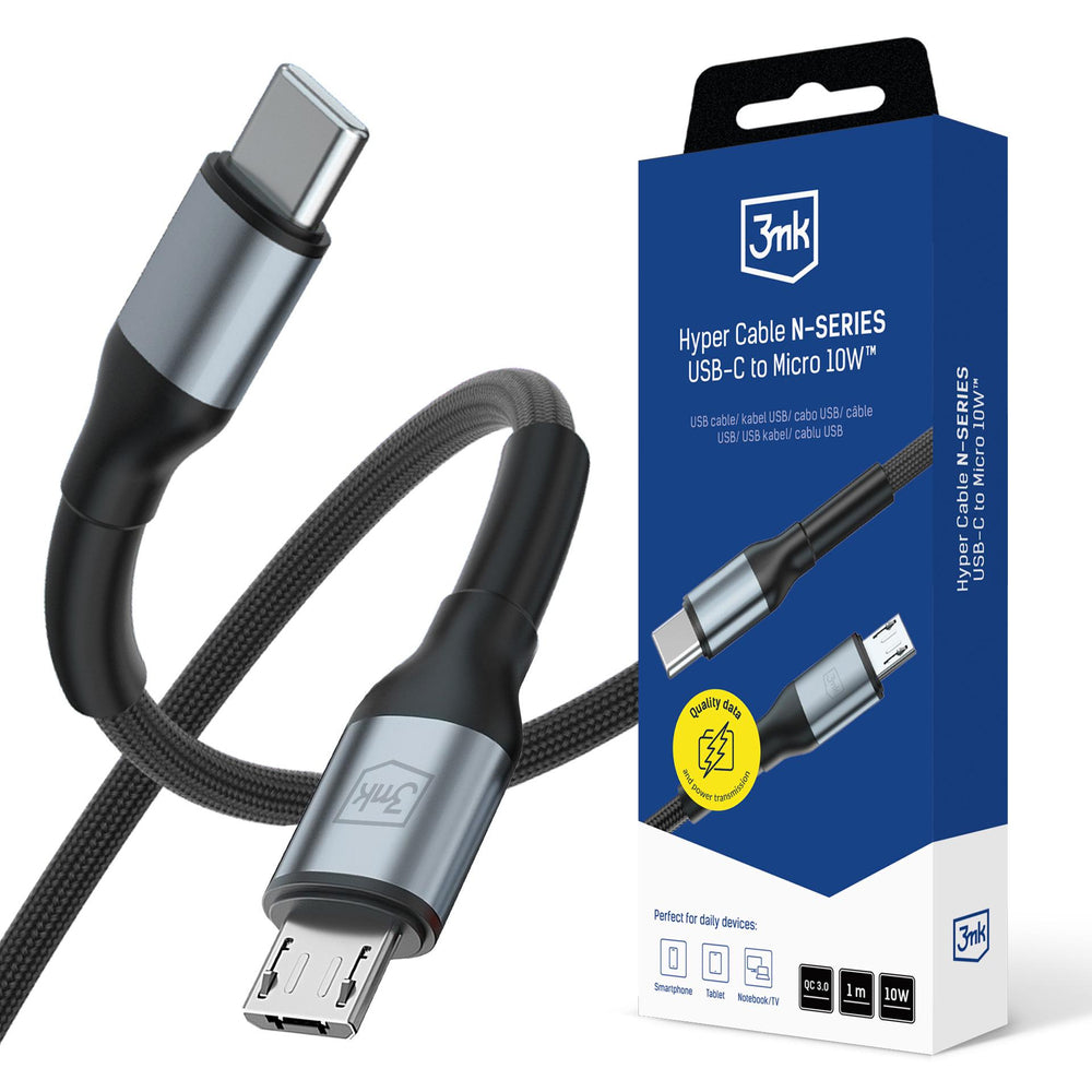 3mk Hyper Cable N-SERIES USB-C / MicroUSB 1m QC 3.0 5V / 2A 10W - sort