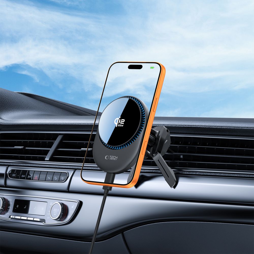 Tech-Protect V21 MagSafe Car Holder med 25W QI2.2 Induktiv oplader til cockpit/vindruder/luftventil - sort