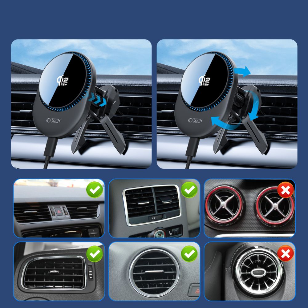 Tech-Protect V21 MagSafe Car Holder med 25W QI2.2 Induktiv oplader til cockpit/vindruder/luftventil - sort