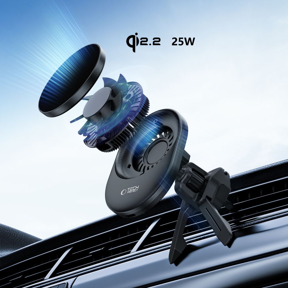 Tech-Protect V21 MagSafe Car Holder med 25W QI2.2 Induktiv oplader til cockpit/vindruder/luftventil - sort