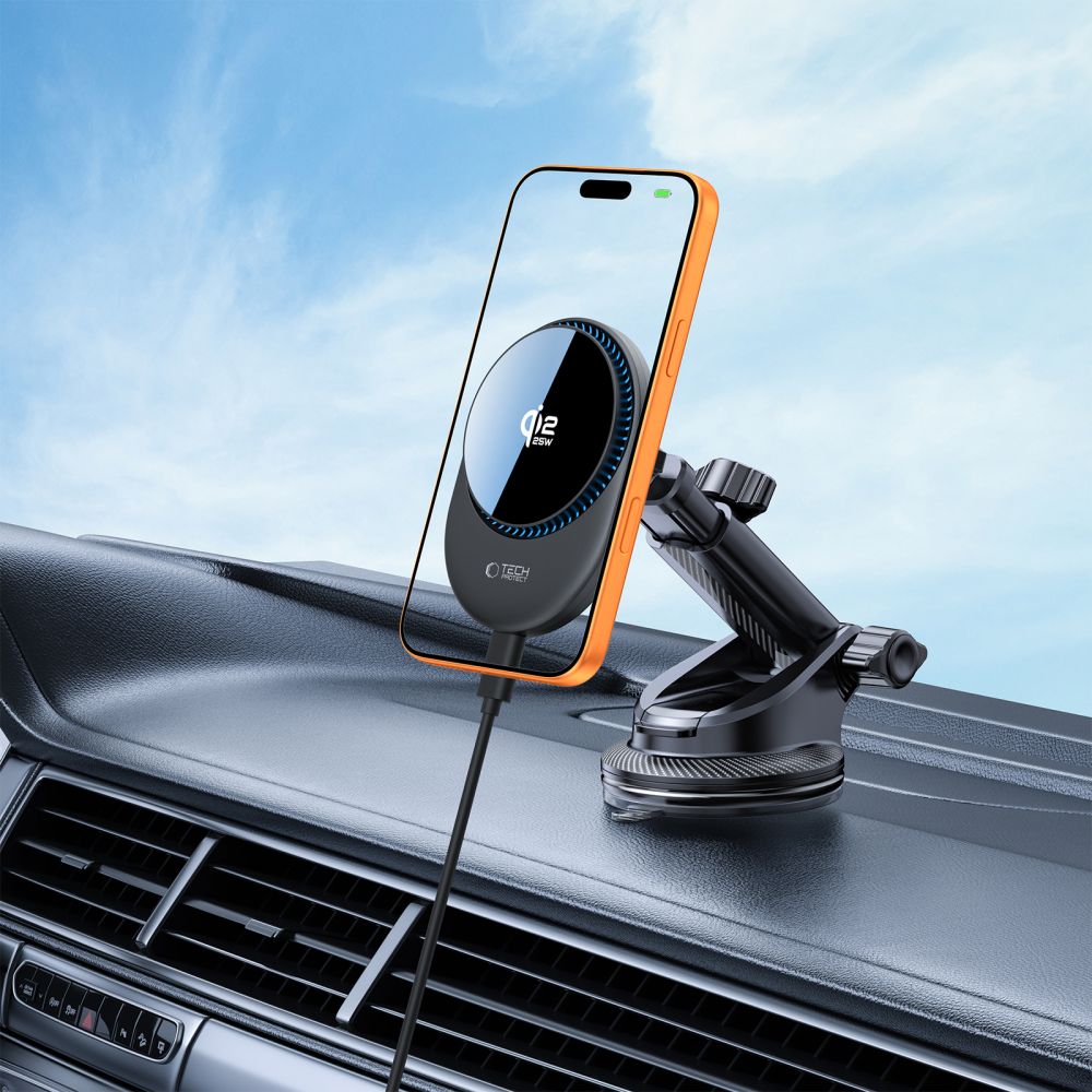 Tech-Protect V21 MagSafe Car Holder med 25W QI2.2 Induktiv oplader til cockpit/vindruder/luftventil - sort
