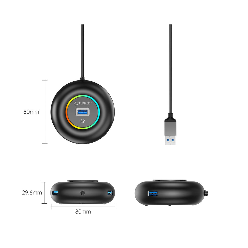 Orico YXR4-U3 RGB USB Hub 4-Port USB-A 3.0 with Audio/Microphone Port 1.8m - Black