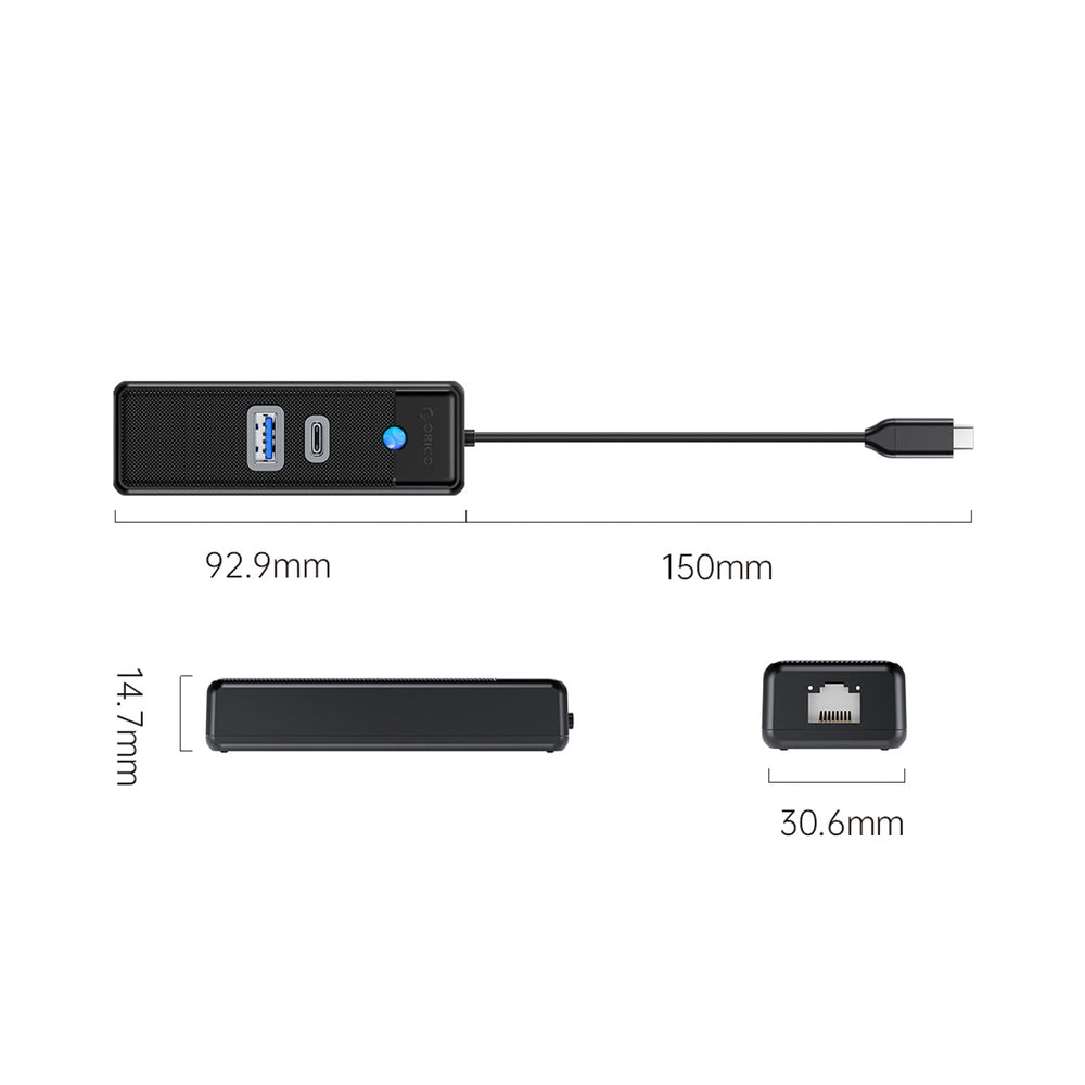 Orico PWCUR-C3 3-port USB hub 1x USB-A 3.0 1x USB-C 3.0 1x RJ45 Gigabit Ethernet 0.15 m - black