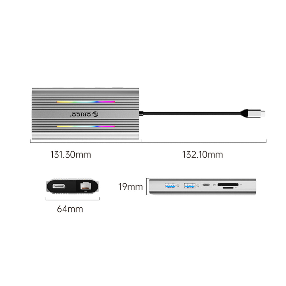 Orico XDR 12in1 RGB USB-C Docking Station USB-A USB-C 2x HDMI 4K 60 Hz DisplayPort 4K 60 Hz RJ45 Gigabit PD 100W SD and microSD Card Reader - Silver