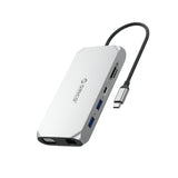 Orico XCR 12in1 USB-C Docking Station 3x USB-A 3.1 1x USB-A 2.0 1x USB-C PD 100 W 1x USB-C 3.1 1x HDMI 1.4 4K 30 Hz 1x VGA 1080p 1x SD 3.0 1x microSD 3.0 1x RJ45 Gigabit Ethernet 1x audio CTIA 3.5 mm - Silver