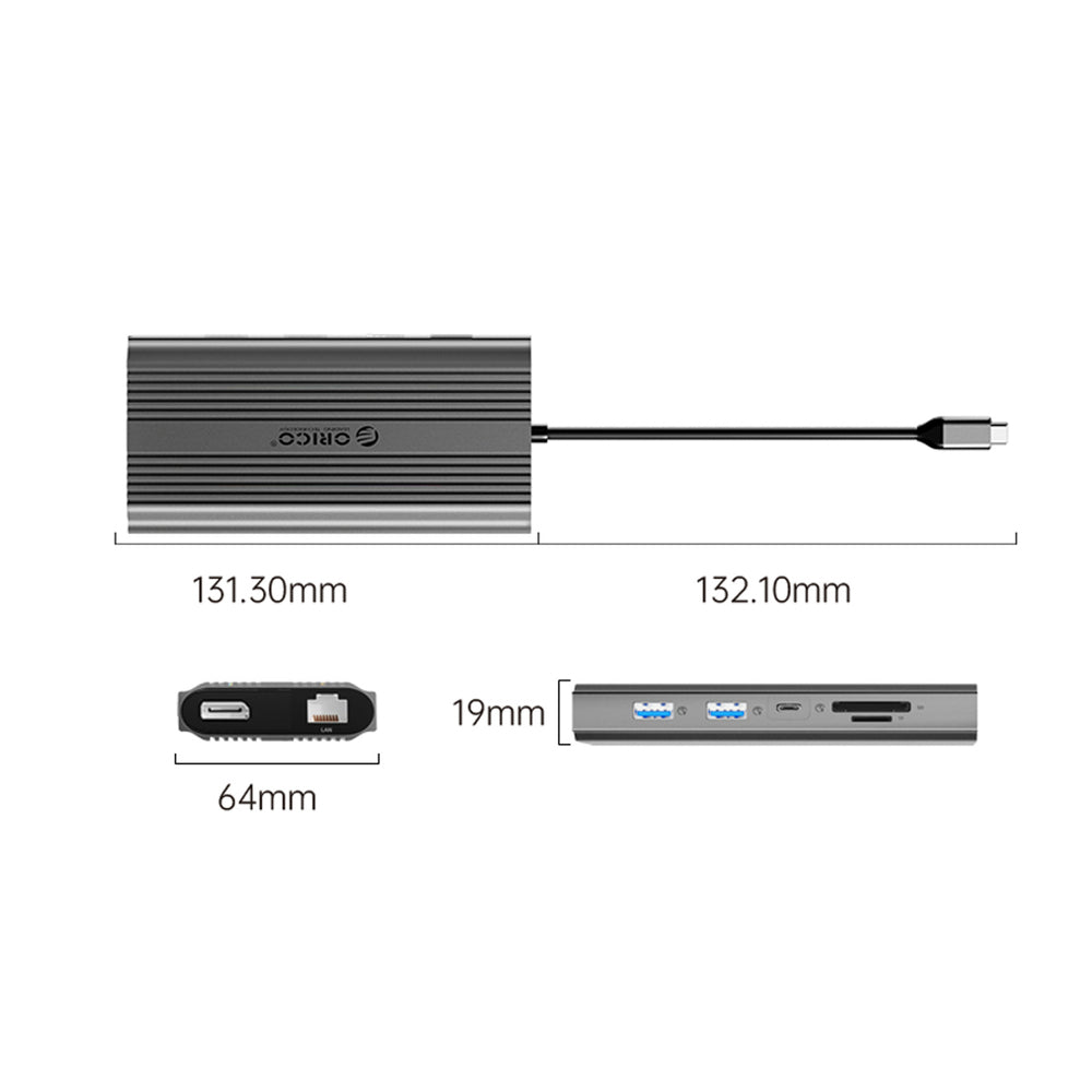 Orico XDR 12in1 USB-C Docking Station USB-A USB-C 2x HDMI 4K 60Hz DisplayPort 4K 60Hz RJ45 Gigabit PD 100W SD and microSD Card Reader - Gray
