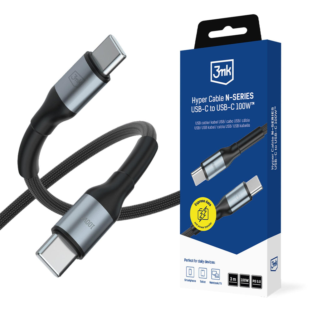 3mk Hyper Cable N-SERIES USB-C / USB-C 3m PD 3.0 QC 3.0 20V / 5A 100W - black