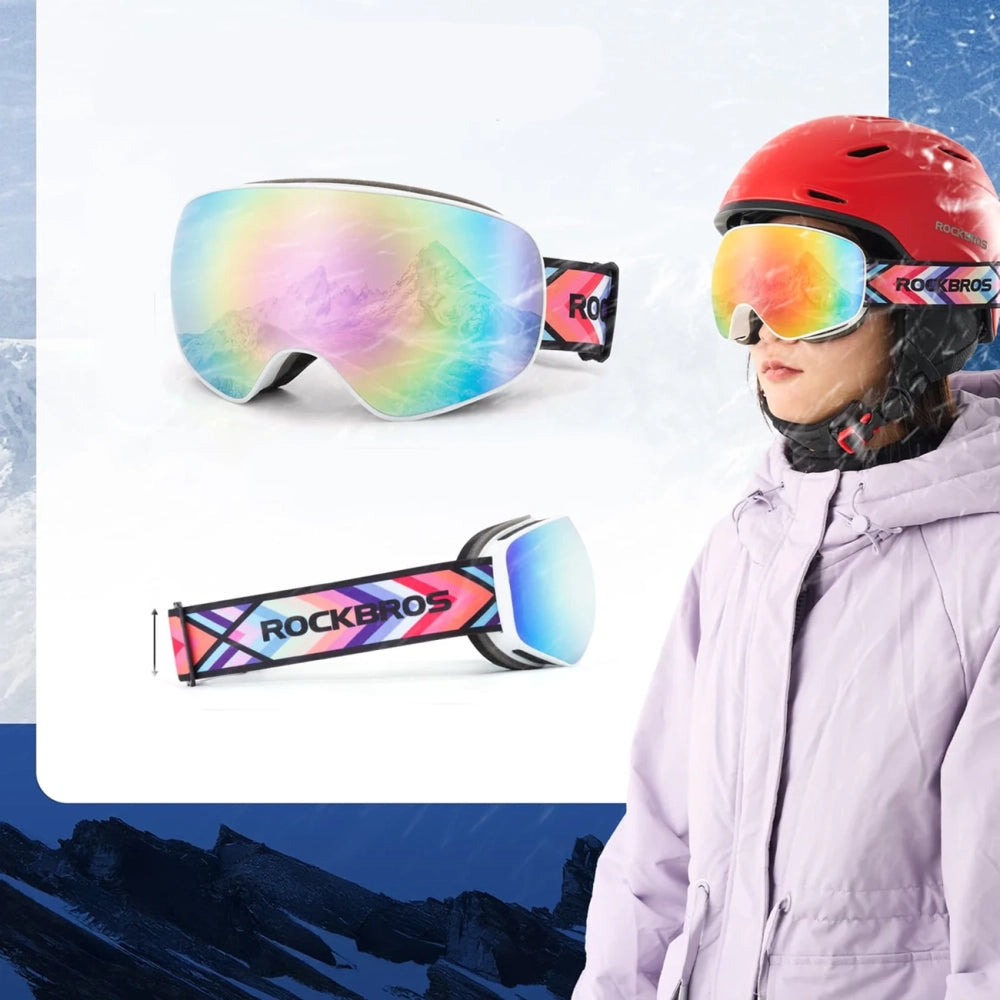 Rockbros SP284 Kids Ski Goggles Anti-Fog with UV Filter Gray Lens with Pink Mirror - White