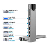 Tech-Protect HB09 USB hub 8in1 TYPE-C + USB-A 3.0 + USB-C 3.0 + HDMI 4K 60HZ + SD/TF + PD100W + RJ45 1000 MB/S - gray