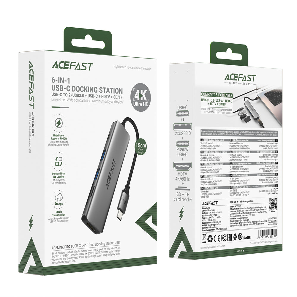 Acefast J18 USB Hub USB-C 6-in-1 HDMI 4K 60Hz PD90W Docking Station - Gray