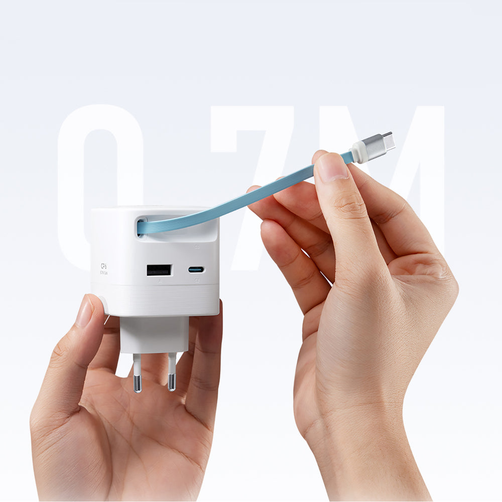 Cuktech AD653W 67W GaN 2x USB-C + USB-A Wall Charger with 70cm Retractable USB-C Cable - White