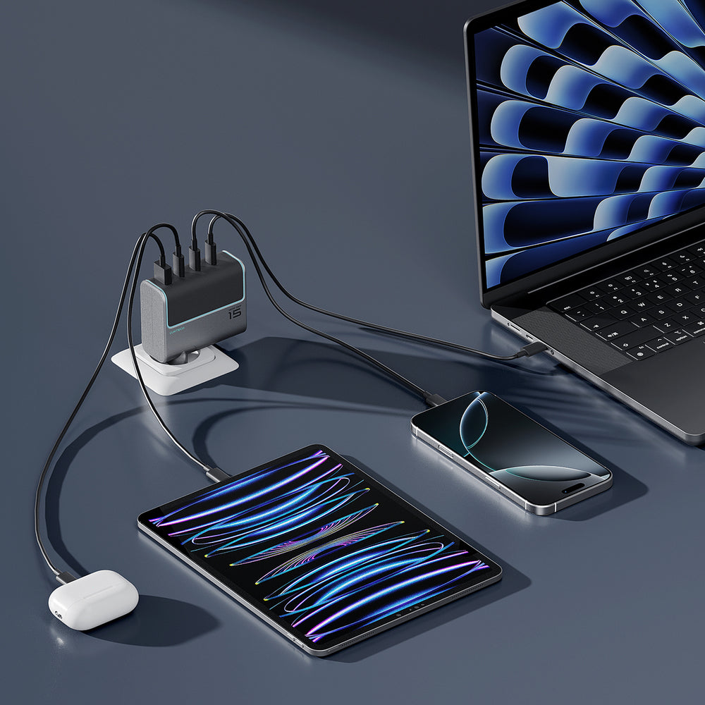 Cuktech AD1404UEU 140W GaN 3x USB-C + USB-A Wall Charger with USB-C Cable - Gray