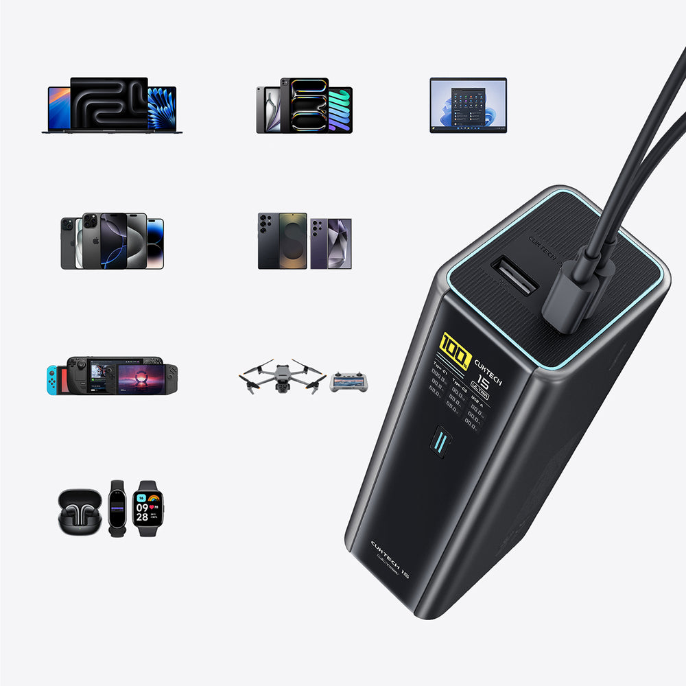 Cuktech PB200U Powerbank 210W 20000mAh 2x USB-C + USB-A with TFT display and 240W USB-C cable - black