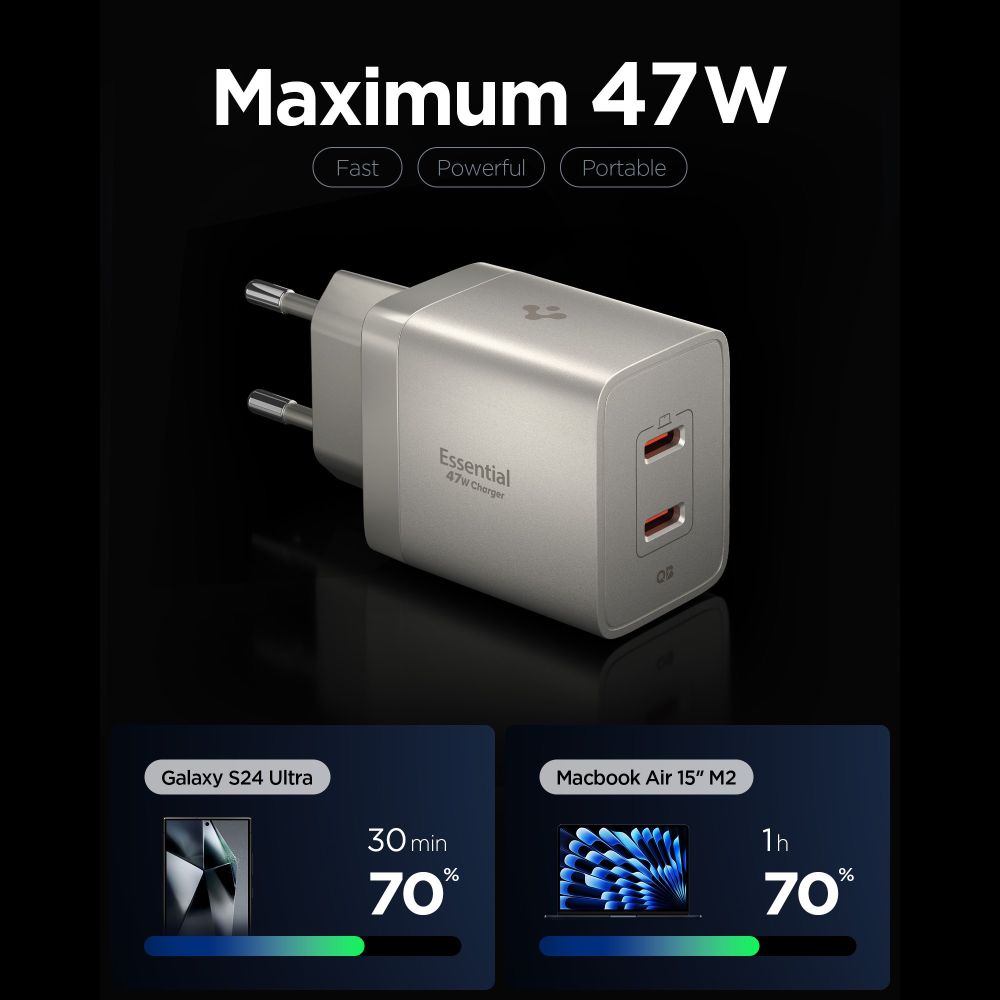 Spigen Essential EE472EU-GAN 2-Port 47W Wall Charger - Titanium