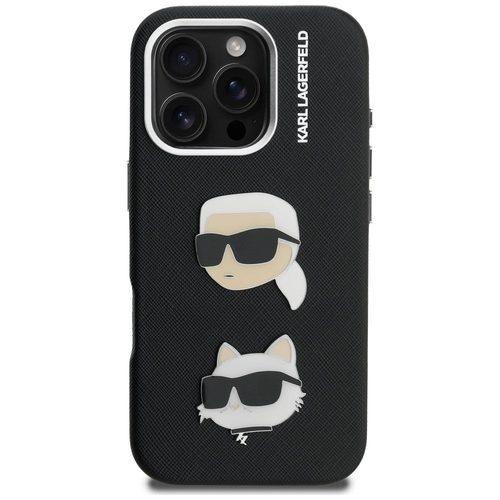 Karl Lagerfeld FW Grained Karl & Choupette Heads Pins Case for iPhone 16 Pro Max - Black