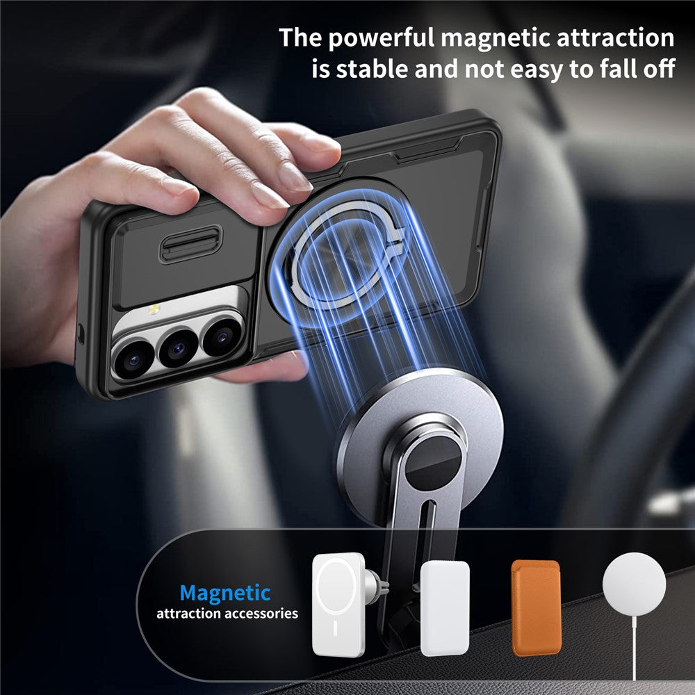 Samsung Galaxy S26 Case med glidende kameraomslag og svingstativ kompatibel med MagSafe - sort