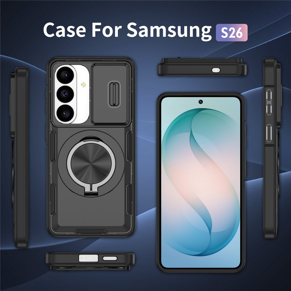 Samsung Galaxy S26 Case med glidende kameraomslag og svingstativ kompatibel med MagSafe - sort