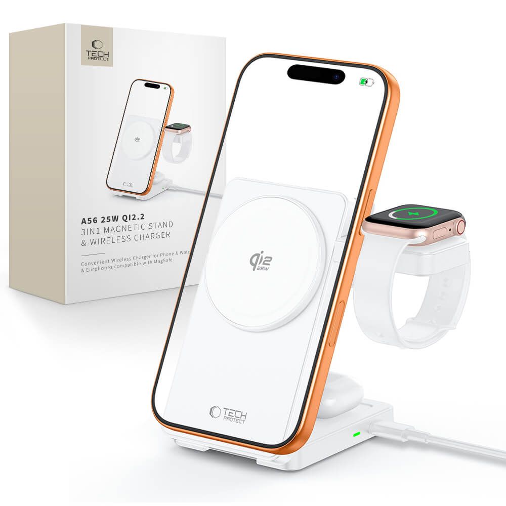 Tech-Protect A56 3in1 MagSafe 25W QI2.2 Wireless Charger + USB-C / USB-C Cable 100cm - White