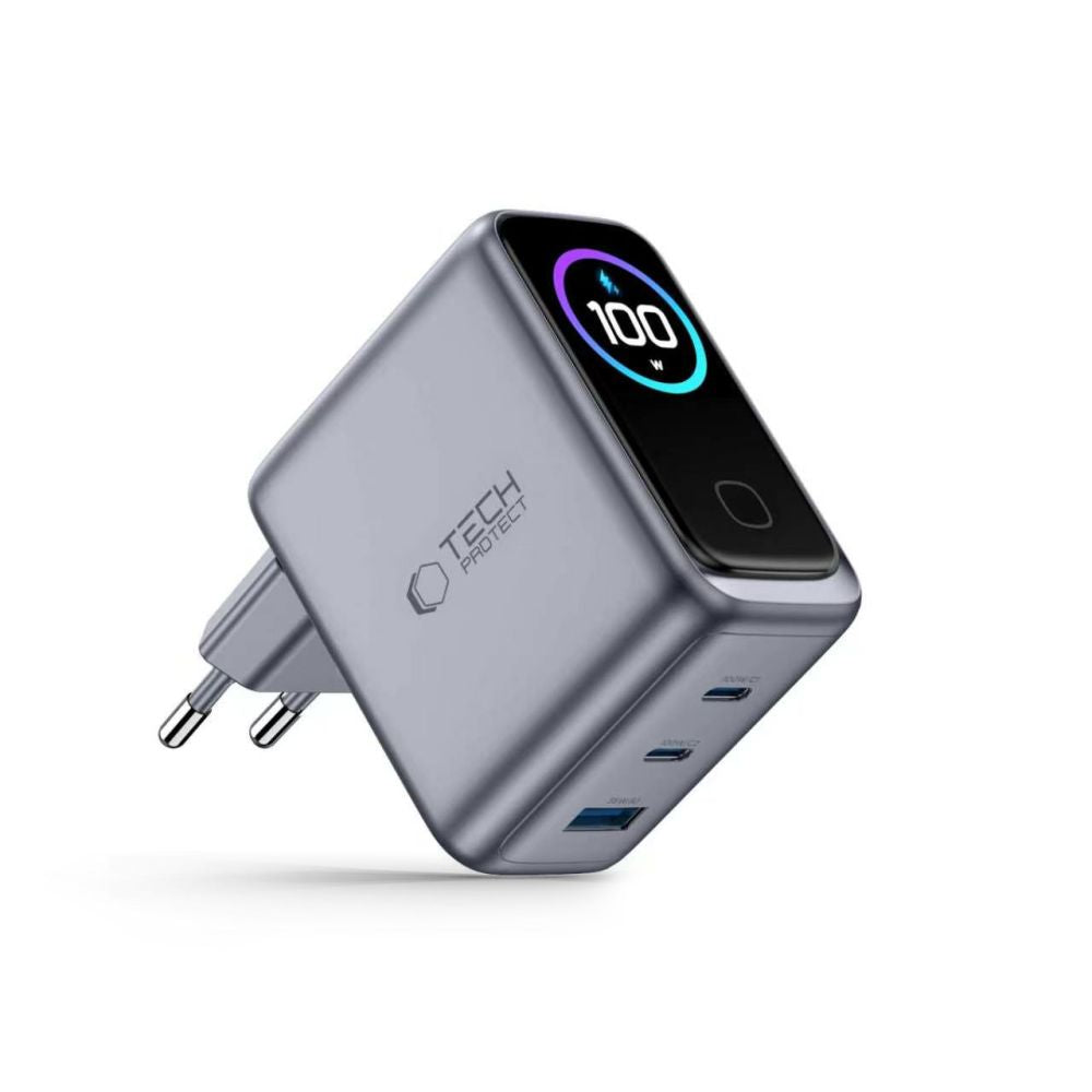 Tech-Protect PowerVision NC100W-GaN 3-Port PD 100W / QC3.0 Wall Charger - Dark Gray