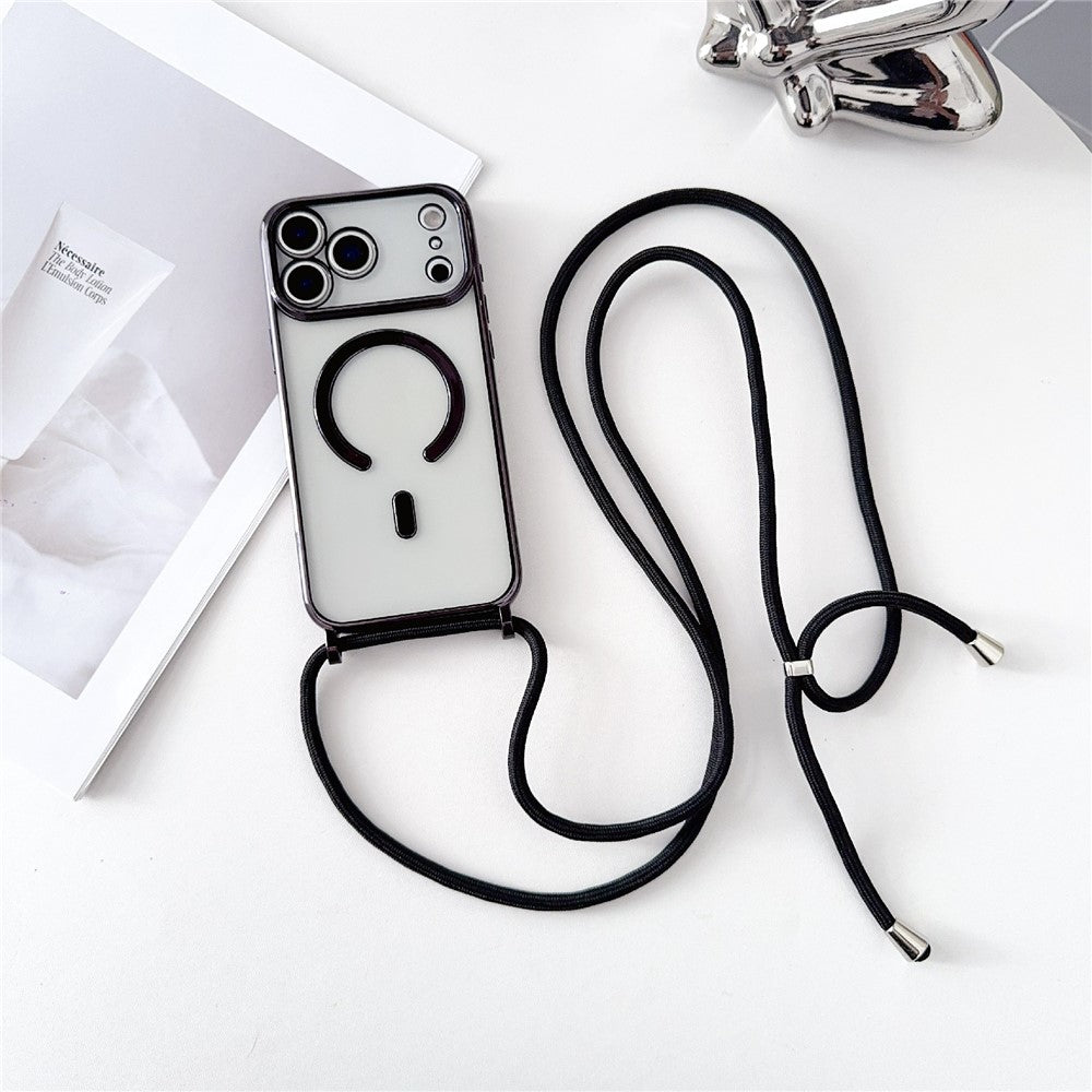 Til iPhone 18 Pro Max / 17 Pro Max Case Kompatibel med MagSafe Elektrobelagt TPU Telefon Cover med Lang Lanyard - sort