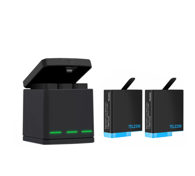 Telesin Box tre-kanals oplader til GoPro Hero 5/6/7/8 + 2 batterier (GP-BNC-801)