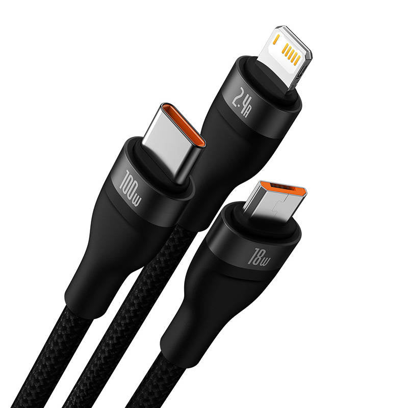 3in1 USB-kabel Baseus Flash-serie, USB-C + micro USB + Lightning, 100W, 1,2m (sort)