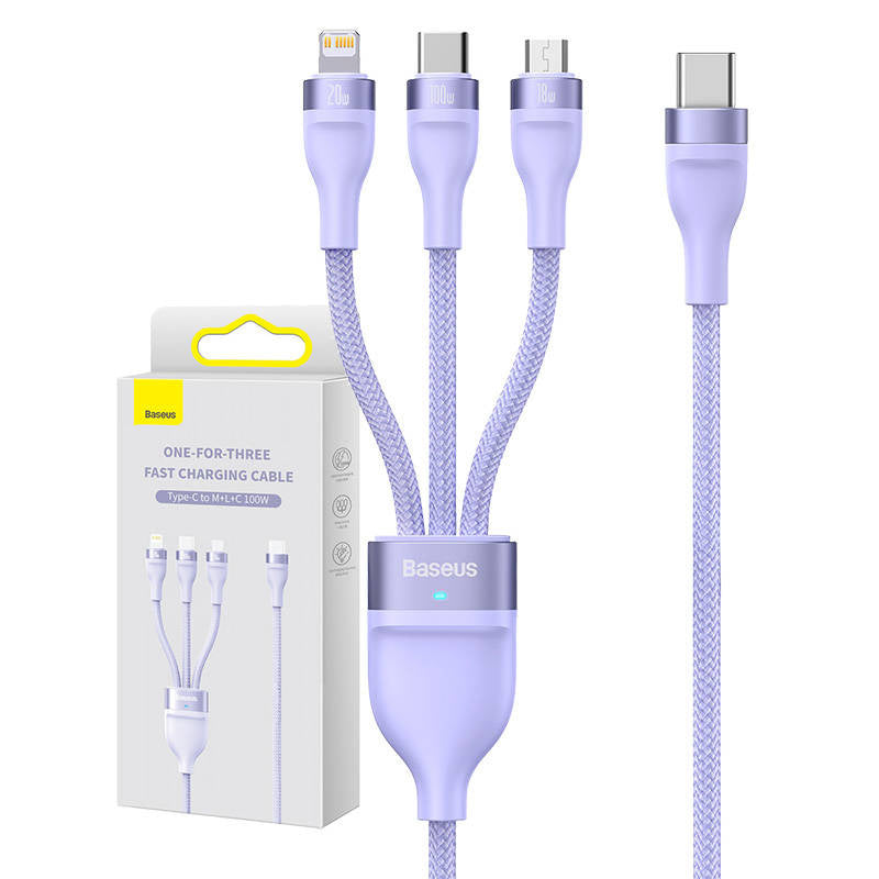 Kabel USB 3w1 Baseus Flash Series 2, USB-C + micro USB + Lightning, 100W, 1,5 m (fiolett)