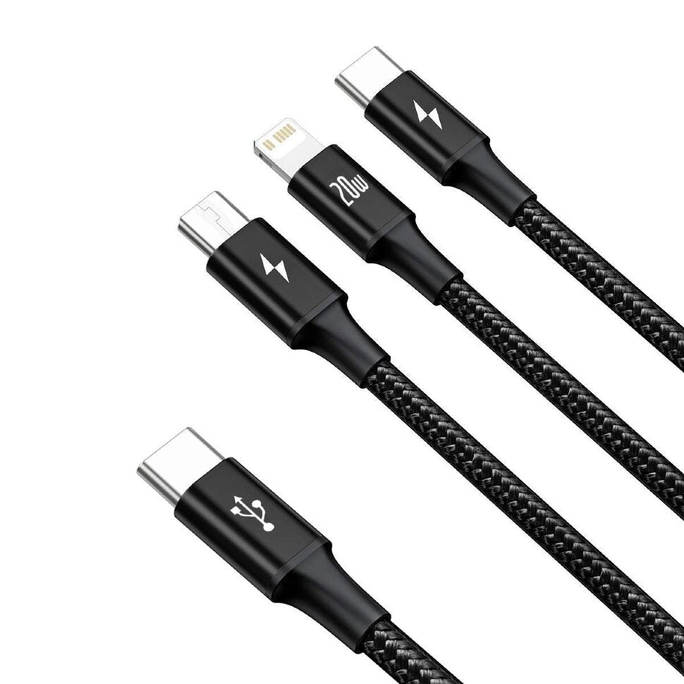 Baseus Rapid Series 3in1 Fast Charging Cable USB-C - USB-C/Lightning/MicroUSB 20W 1.5m Black