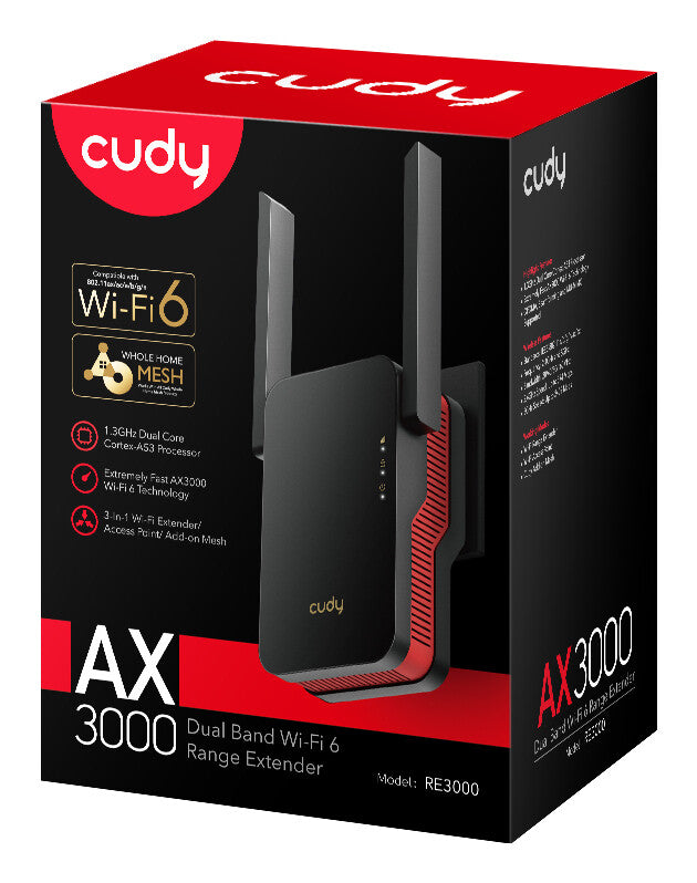 Cudy RE3000 netværk forlænger Netværksgentager Sort, Rød 10, 100, 1000 Mbit/s