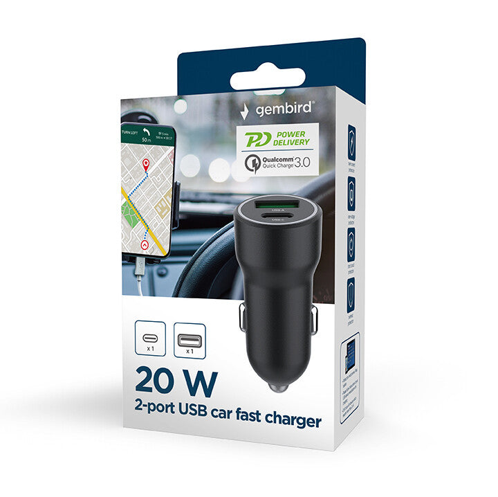 Gembird TA-UC-A2PDQC20-CAR-01 oplader til mobil enhed Universel Sort Cigartænder Hurtig opladning Automatisk