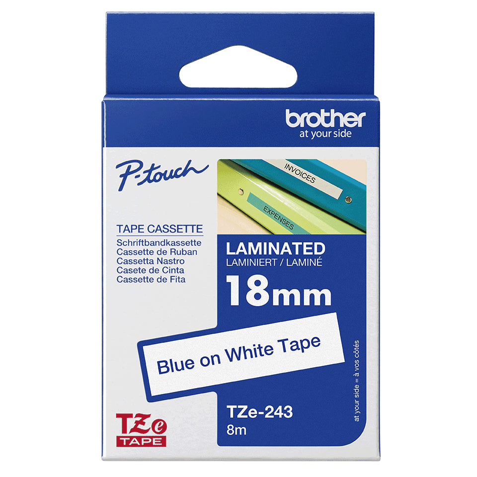 Brother TZE-243 etiketbånd Blå på hvid