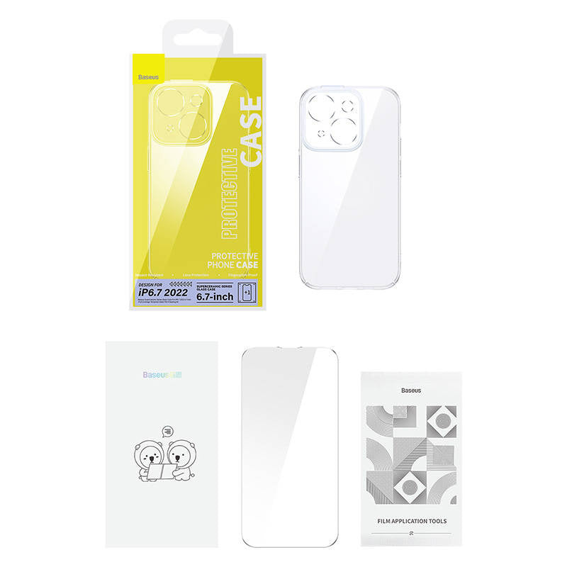 Baseus SuperCeramic Transparent Glass Case og Temperet Glass Set til iPhone 14 Plus
