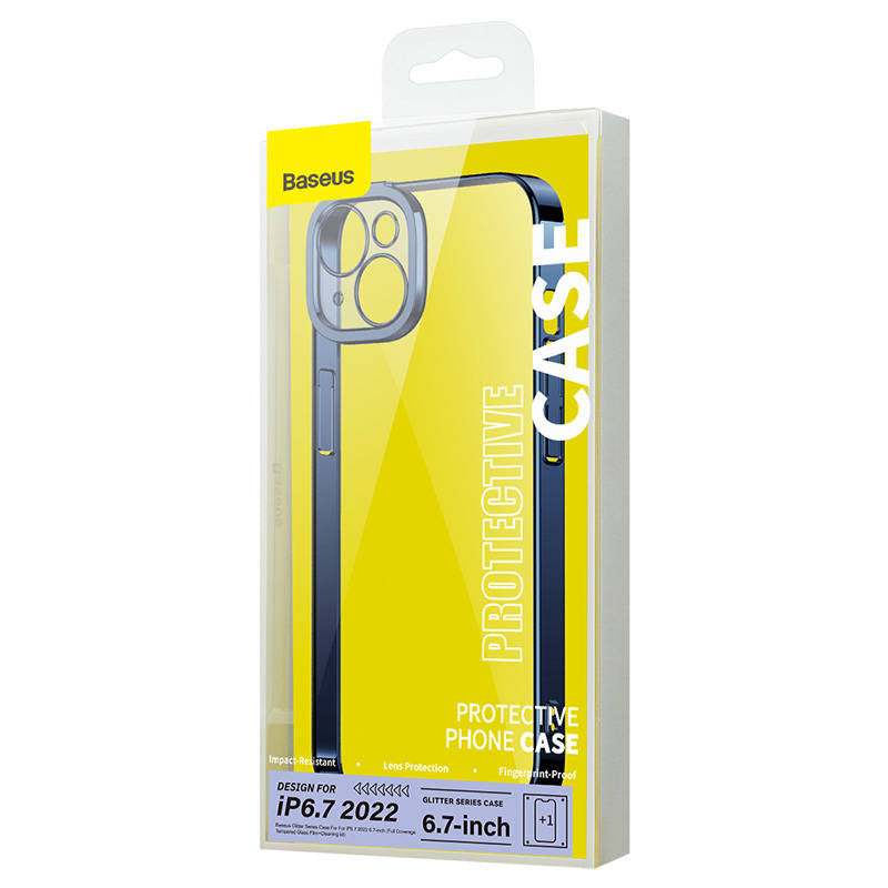 Baseus Glitter Transparent Case og tempereret glas sæt til iPhone 14 Plus (blå)