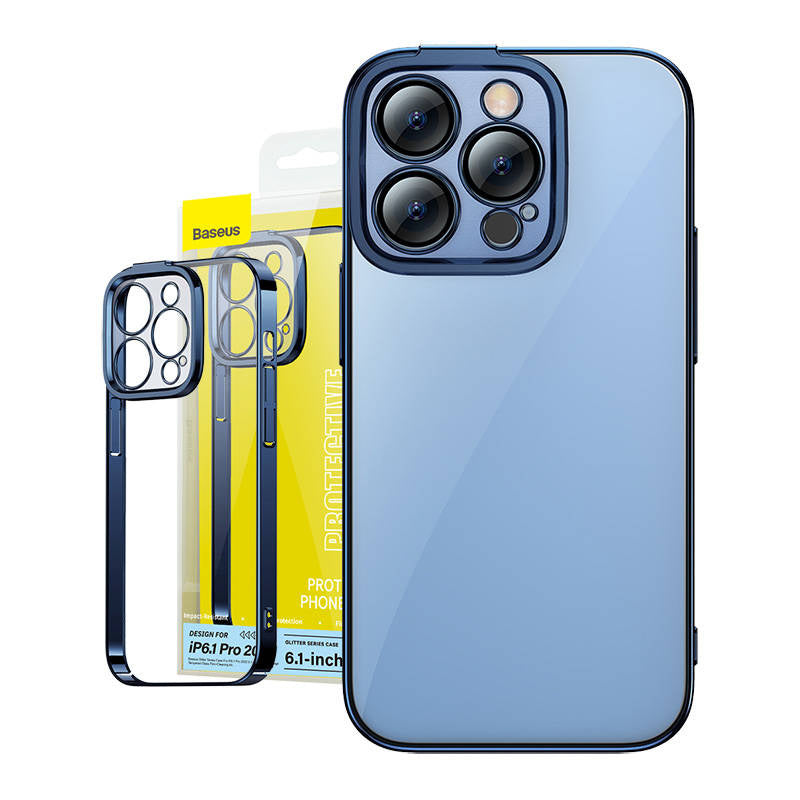 Baseus Glitter Transparent Case og tempereret glas sæt til iPhone 14 Pro (blå)