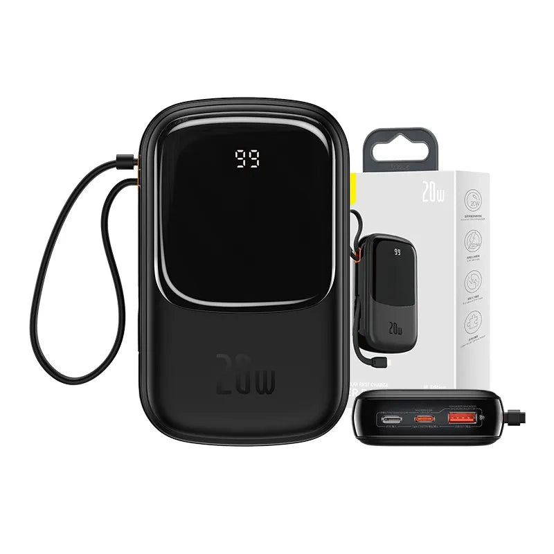 Powerbank Baseus Qpow PRO med Lightning-kabel, USB-C-port og USB 20000mAh, 20W (Sort)